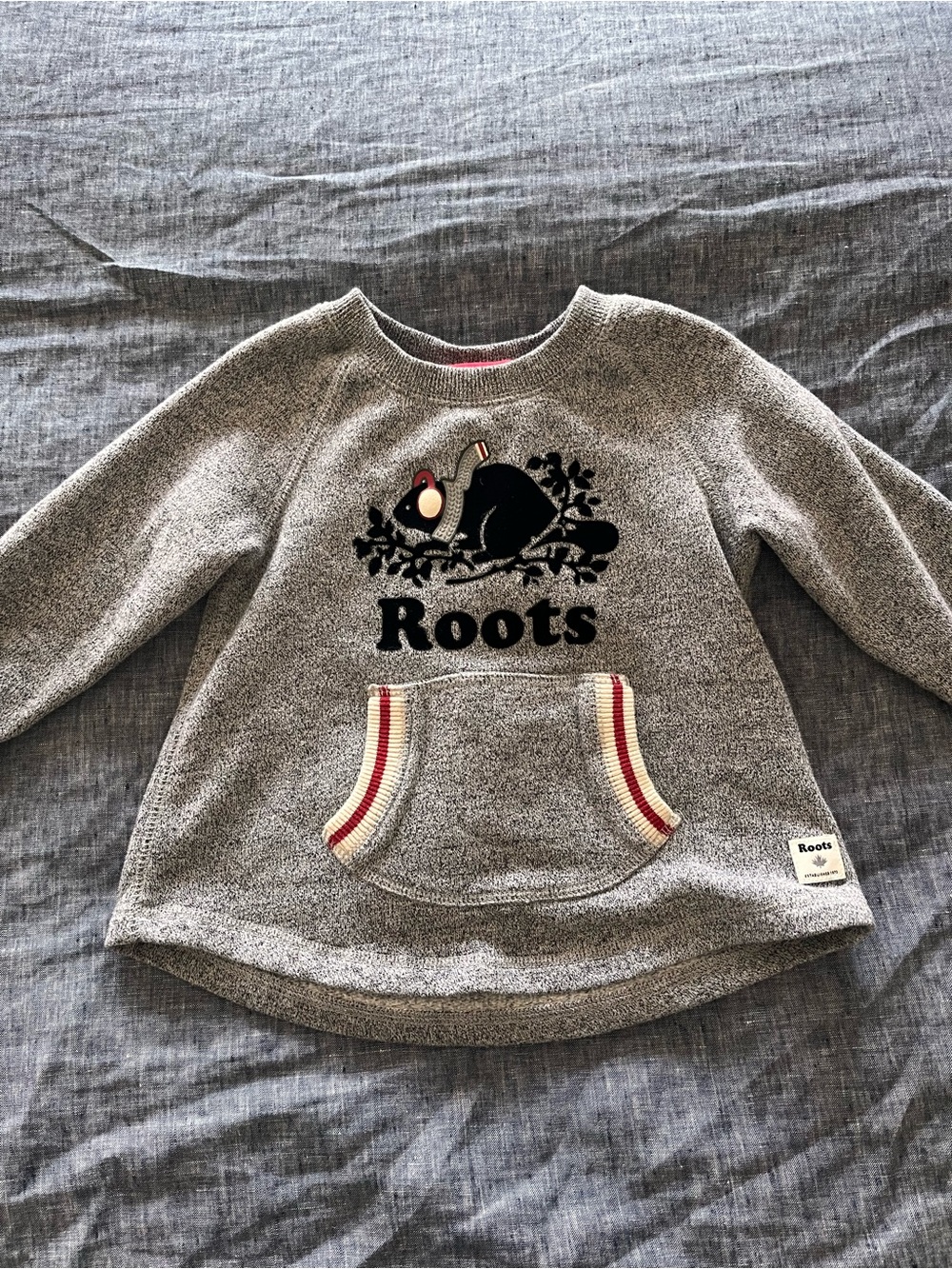 Roots Gray Heather Pullover with Beaver Logo and Red Trim
